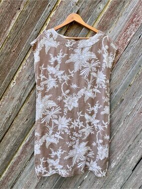 J.Jill Love Linen 100% Linen Botanical Shift Dress S Taupe Ivory Cottagecore
